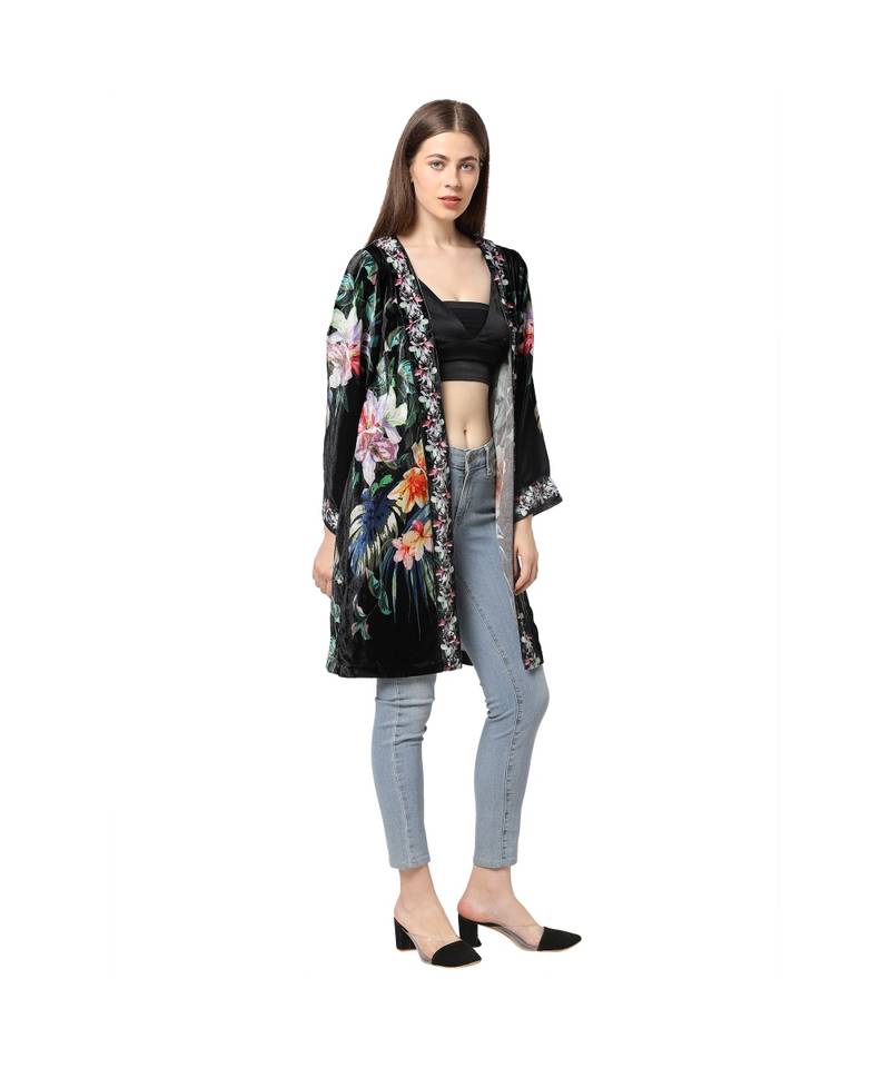 Multicolor poly velvet Kimono Jacket