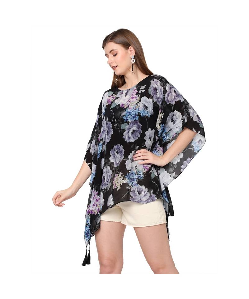 Black Multi Floral Print Kaftan Top
