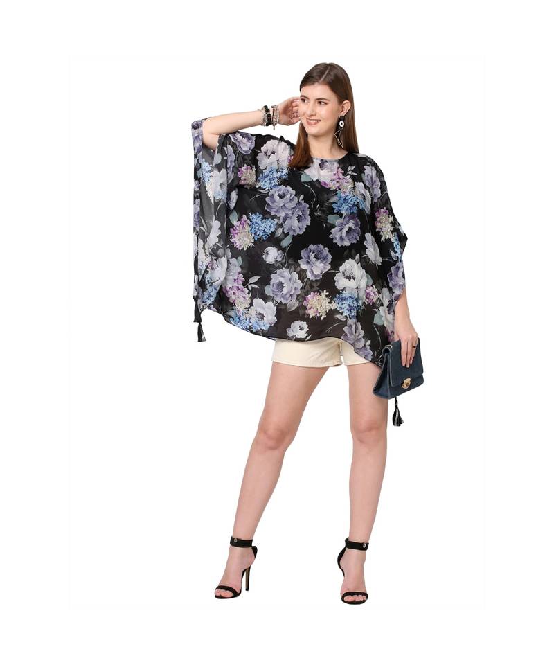 Black Multi Floral Print Kaftan Top