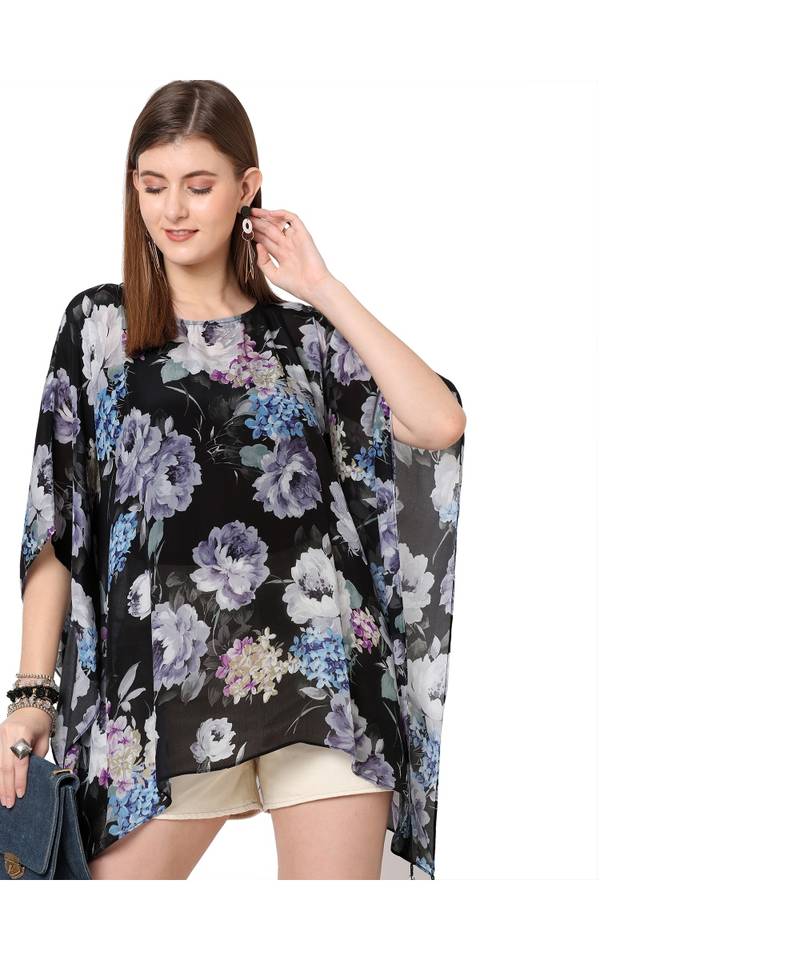 Black Multi Floral Print Kaftan Top