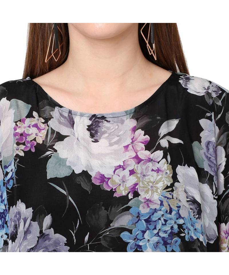 Black Multi Floral Print Kaftan Top