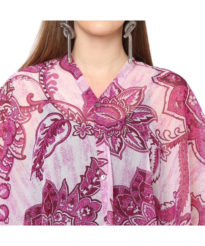 Pink And White Floral Print Multiway Button Poncho