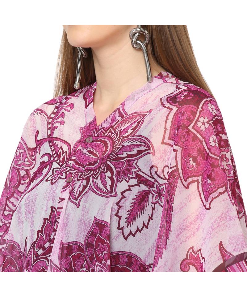 Pink And White Floral Print Multiway Button Poncho