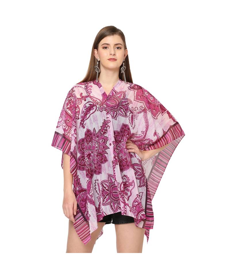 Pink And White Floral Print Multiway Button Poncho