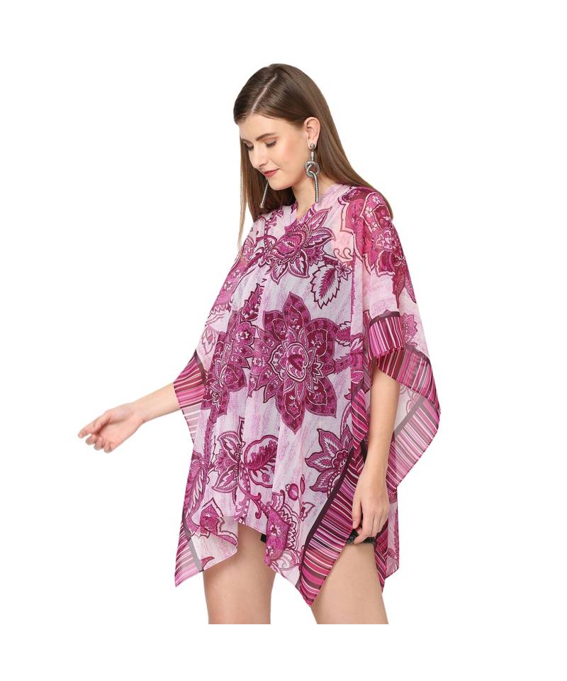 Pink And White Floral Print Multiway Button Poncho