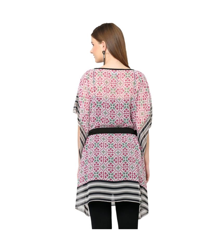Pink And White Geometric Print Front Tie Print Kaftan Tunic