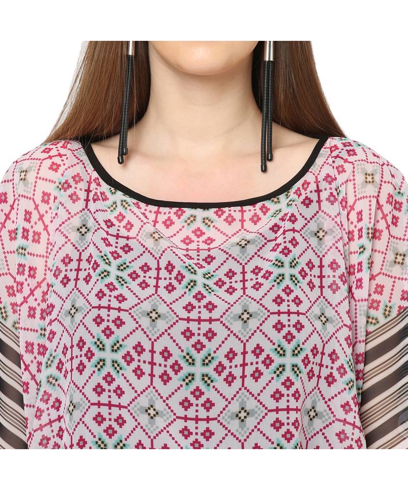 Pink And White Geometric Print Front Tie Print Kaftan Tunic