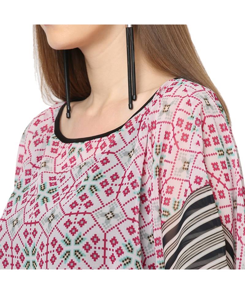 Pink And White Geometric Print Front Tie Print Kaftan Tunic