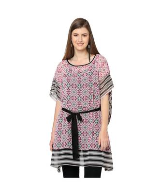Pink And White Geometric Print Front Tie Print Kaftan Tunic 5