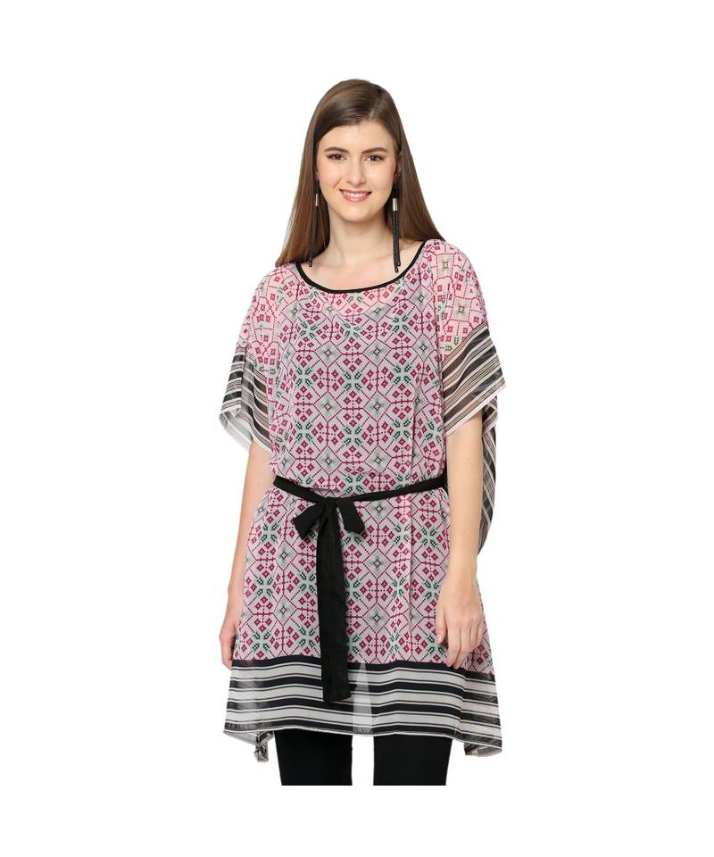 Pink And White Geometric Print Front Tie Print Kaftan Tunic