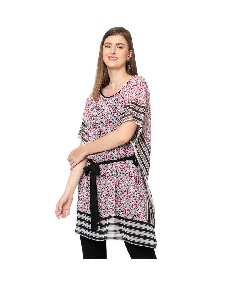 Pink And White Geometric Print Front Tie Print Kaftan Tunic