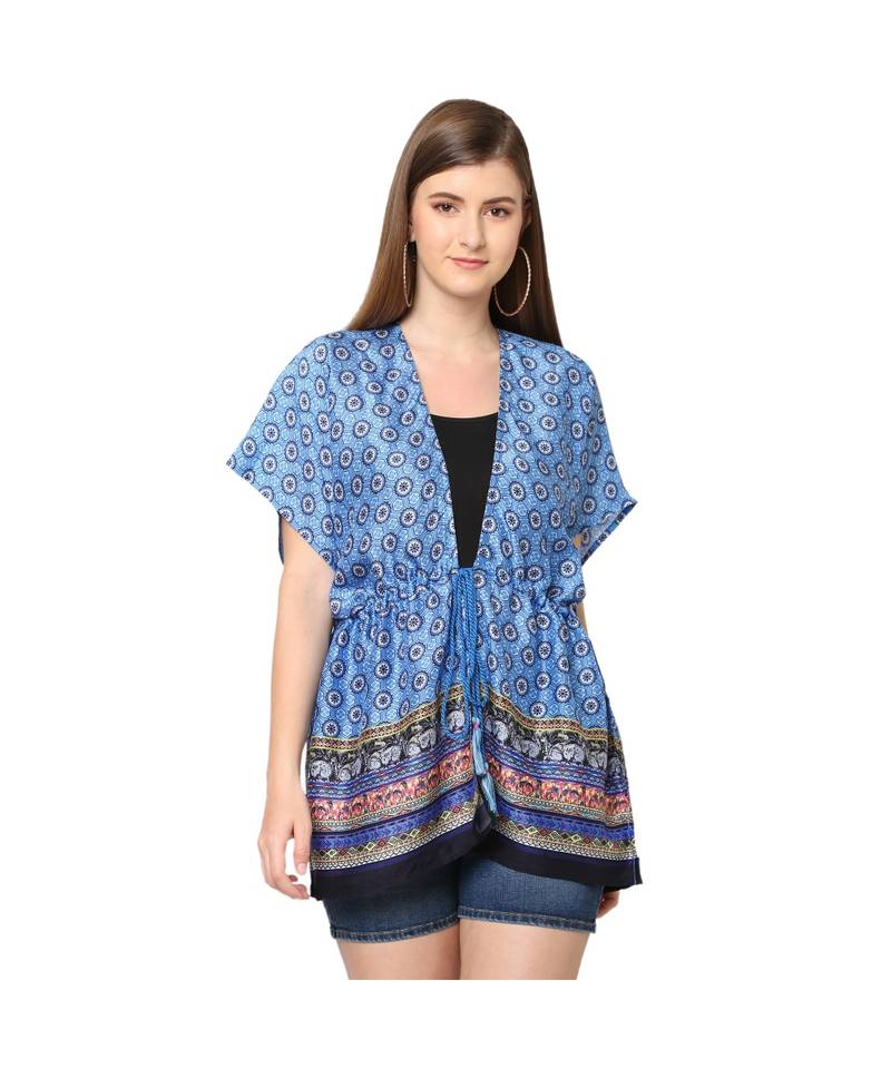 Blue Abstract Print Front Tie Kaftan Tunic