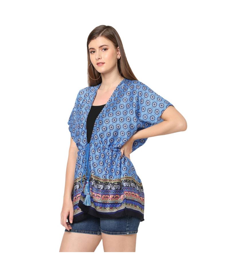Blue Abstract Print Front Tie Kaftan Tunic