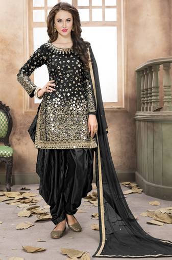 Black Designer Taffeta Silk Patiala Salwar Suit