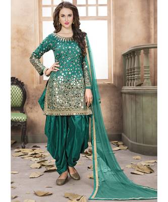 Teal Designer Taffeta Silk Patiala Salwar Suit 1