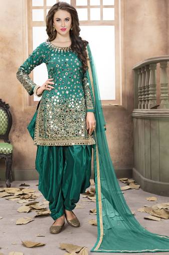 Teal Designer Taffeta Silk Patiala Salwar Suit