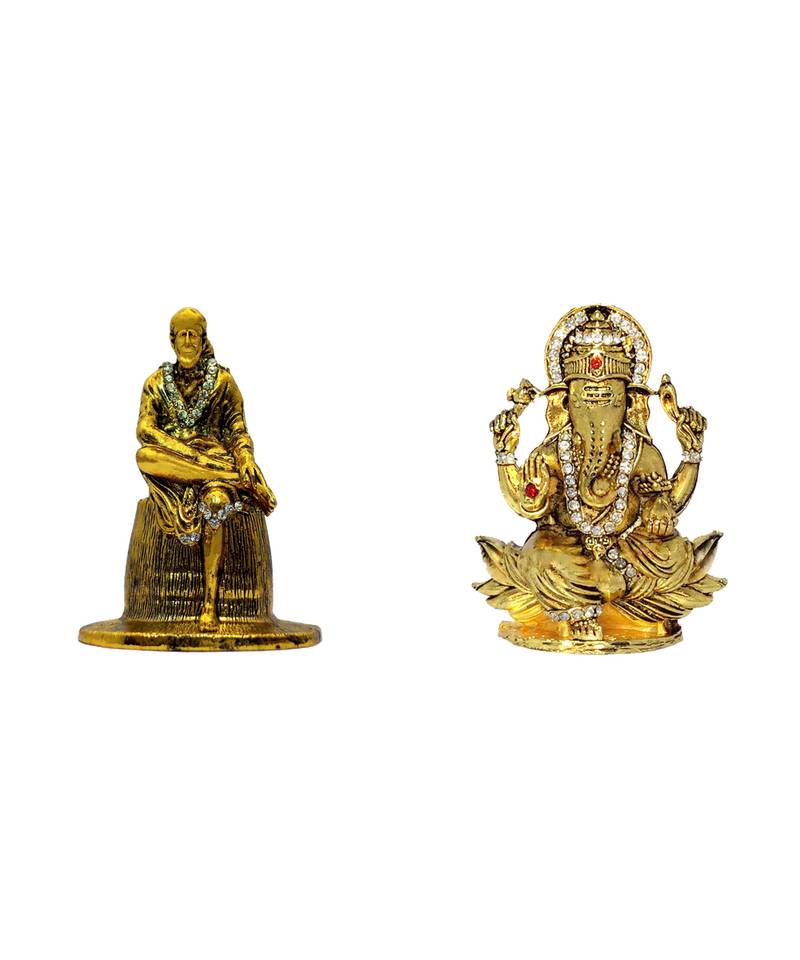 Sai Baba of Shirdi Blessing Murti Lord Ganesha on Lotus Flower Combo Set 2 Idol Statue Showpiece
