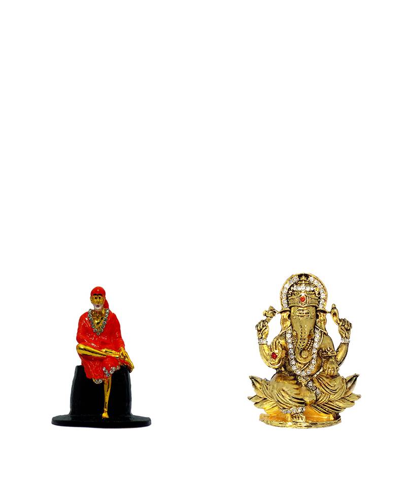 Sai Baba of Shirdi Blessing Murti Lord Ganesha on Lotus Flower Combo Set 2 Idol Statue Showpiece
