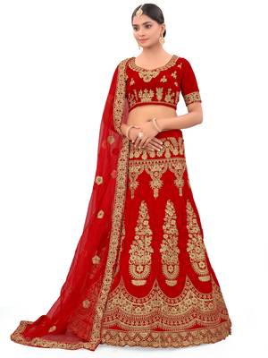 Embroidered Semi Velvet Semi Stitched Bridal Lehenga Choli 1