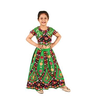 Green Kutch Work Cotton Lehenga Choli Set for Girls With Blouse 1
