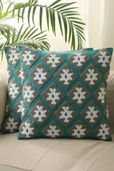 Geometrical Green Aari Embroidery tuffted Desgin Set of 2 Cushion Covers