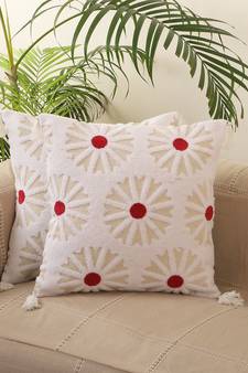 Solid White Embroidery with Tassels Set of 5 Cushion Covers
