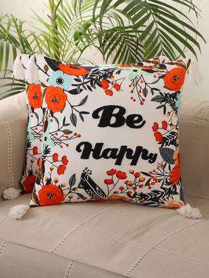 Be Happy Floral Multicolor Embroidery with Tassels Set of 2 Cushion Cover 1