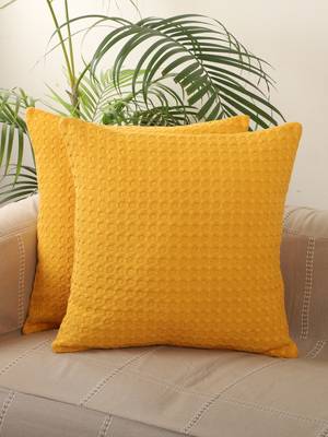 Golden Yellow Colour Textured Heavy Cotton Waffle Set of 2 Cushion Covers 1