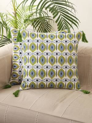 Multi Colour Leaves Aari Embroidery Design Cotton Set of 2 Cushion Covers 1