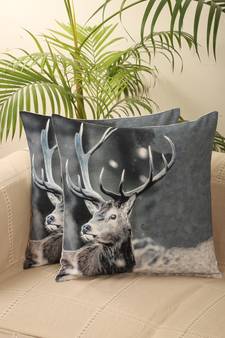 Rain Deer Animal Grey Digital Print Cotton Set of 2 Cushion Covers
