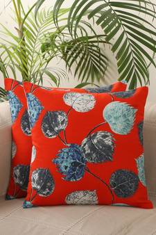 Leaf Desgin Red Digital Print Cotton Set of 2 Cushion Covers