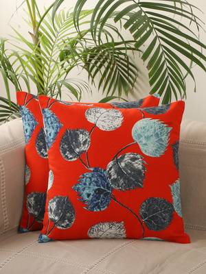 Leaf Desgin Red Digital Print Cotton Set of 5 Cushion Covers 1