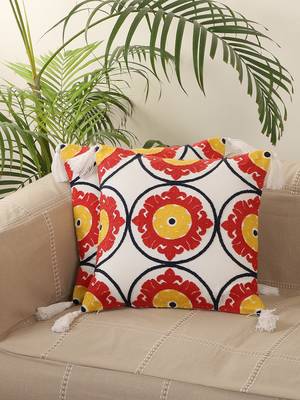 Rangoli desgin Red & White Embroidery with Tassels Cotton Set of 2 Cushion Covers 1