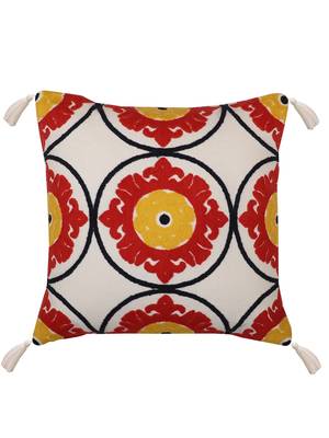 Rangoli desgin Red & White Embroidery with Tassels Cotton Set of 5 Cushion Covers 2