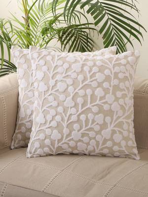 Aari work Grey & White Embroidery with Floral Desgin Cotton Set of 2 Cushion Covers 1