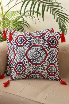 Abstract Blue & Red Embroidery with Dori work Cotton Set of 2 Cushion Cover