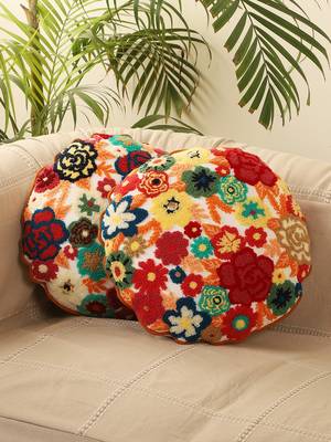 Aari work Multicolor Embroidery with Floral Desgin Cotton Set of 2 Round Cushion Cover 1