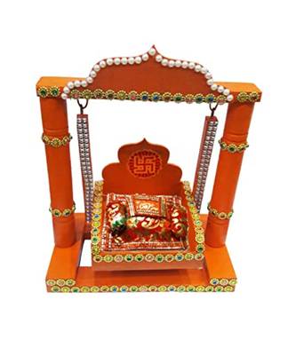 Salvus Handcrafted Wooden Jhula for Laddo Gopal suitable for Home-Office decor(10 x 8 Inch_Orange) 3