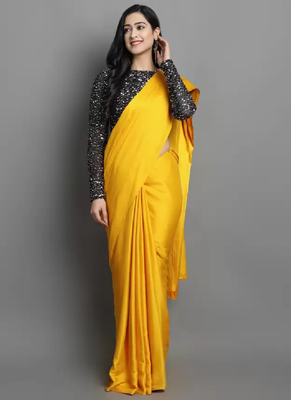 Yellow plain satin saree with blouse 1