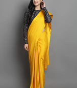 Yellow plain satin saree with blouse
