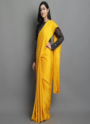 Yellow plain satin saree with blouse 2