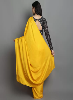 Yellow plain satin saree with blouse 3