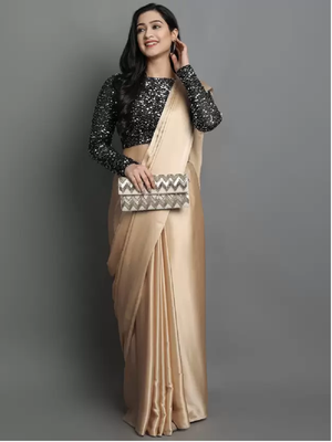 Beige plain satin saree with blouse 1