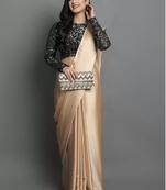 Beige plain satin saree with blouse