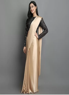 Beige plain satin saree with blouse 2