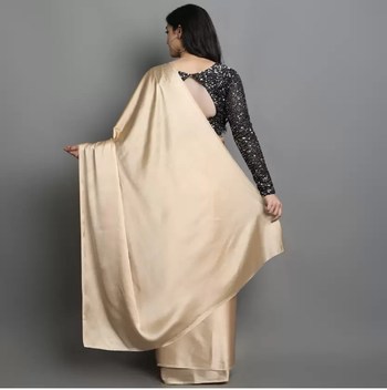 Beige plain satin saree with blouse 3