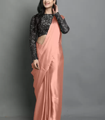 Peach plain satin saree with blouse