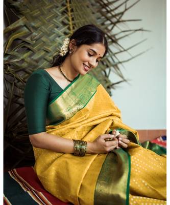 MAHATI Yellow Handloom Zari Silk Sarees with blouse 1