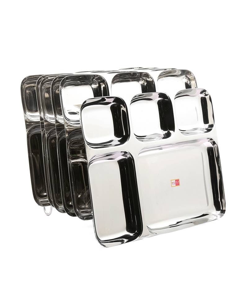 KCL stainless Steel Partition Plate heavy guage Mirror Finish  Bhojan Plate  Model  Pratham 5 in1  set of 6