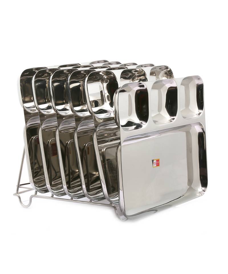 KCL stainless Steel Partition Plate heavy guage Mirror Finish  Bhojan Plate  Model  Nirvi 4 in1  set of 6